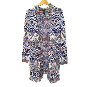 New Directions Cardigan Women Medium Sweater‎ Multi Color Geometric Fringe Open